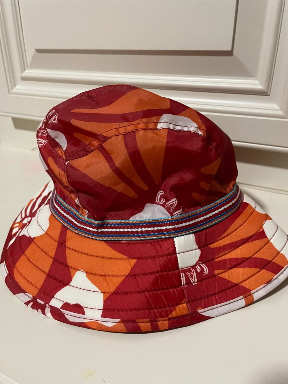GAP Red and Orange Printed Bucket Hat with Striped Band